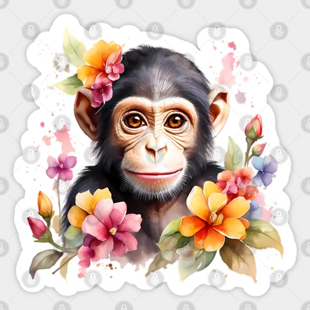 A baby chimpanzee decorated with beautiful watercolor flowers Sticker by CreativeSparkzz